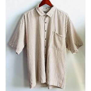 TNS FATIMA Men's XL Brown & White Striped Cotton Short Sleeve Button Front Shirt